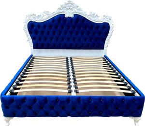 Casa Padrino Luxus Barock Doppelbett Royalblau / Weiß - Prunkvolles Massivholz Bett mit Glitzersteinen - Barock Schlafzimmer Möbel