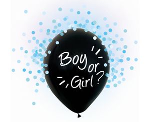 4 schwarze Luftballons Boy or Girl mit blaues Konfetti 30cm
