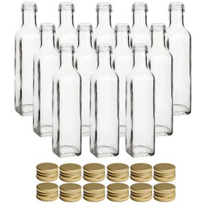 gouveo 12er Set Glasflasche 250 ml Maraska mit Schraubverschluss goldfarben - Leere Flasche 0,25 l zum Befüllen - Glasflasche für Likör, Essig, Öl