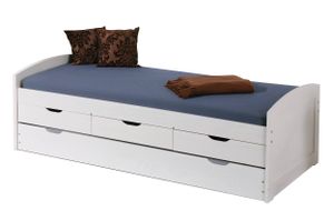 Bett mit Schubladen und zweitem unteren Ausziehbett in weiß wasserlackierter Kiefer massiv