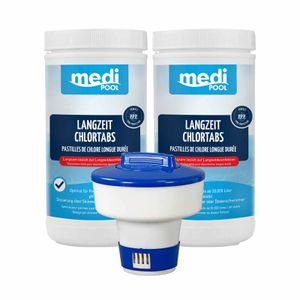 mediPOOL Langzeit-Chlor Tabs 2x 1 kg + Schwimmdosierer, Chlor Desinfektion Poolpflege Wasserpflege
