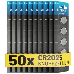 ABSINA Knopfzellen CR2025 50er Pack - CR 2025 Knopfzelle auslaufsicher & langer Haltbarkeit - CR2025 Batterien Knopfzellen