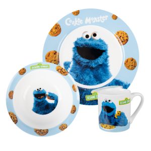 Sesamstraße Frühstücksset - Krümelmonster Kinder Geschirr Set 3-tlg. Teller, Schale & Tasse aus Porzellan