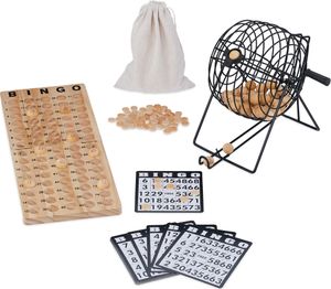 Relaxdays Bingo Spiel, Lostrommel, 75 Kugeln, 18 Karten, 150 Chips, Spielbrett, Kinder, Erwachsene, Holz, Natur/schwarz