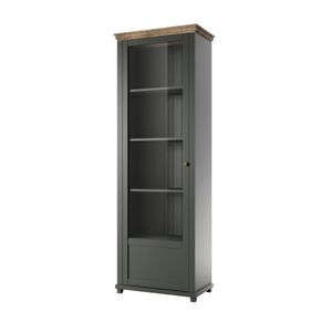 Vitrine Landhaus grün mit Lefkas Eiche Nb. EPSOM-83 Knopfgriffe Messing Türanschlag links, B/H/T: ca. 71/200/42 cm