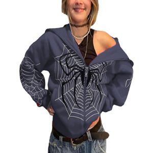 Damen Sweatjacken Reißverschluss Mode Outwear Lose Spider Web Print Kapuzenpullover Herbst  Navy blau,Größe:L