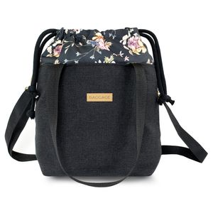 Handtaschen Beuteltasche Damen Tasche A5 - Schultertasche Shopper Bag Stofftaschen Stoffbeutel mit Innentasche Einkaufstasche Blumen Schwarz