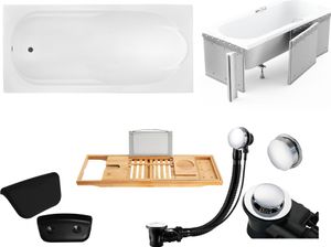 Badewanne Rechteck 170x70 mit Ablaufgarnitur und Füßen GRATIS + Verkleidung (Styropor) + Bambus Holzablage + Kopfstütze in Schwarz | BADLAND BONA