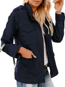Damen Langarm Strickjack Einfarbig Jacken Mehreren Taschen Knöpfen Mantel Freizeitjacke Dunkelblau,Größe S
