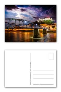 12 Stück Postkarten Blick auf Salzburg und auf die Brücke Mozartsteg bei Nacht Format: DIN A6 / 105 x 148 mm ( PKT-102 )