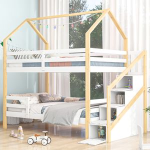 Flieks Kinderbett Etagenbett 90x200cm mit Rausfallschutz und Treppe, Hausbett Hochbett mit Lattenrost und Schubladen für 2 Kinder, Doppelstockbett Holzbett