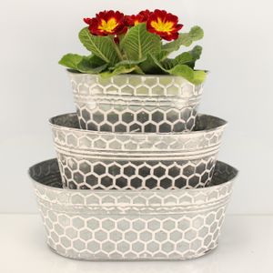 3 ovale Blumentöpfe aus Metall im Set mit Wabenmuster - Kräutertopf Blumenkasten -  P64