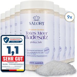 Salora - Premium Totes Meer Badesalz 9 x 1150gr [Frei von Zusatzstoffen] - Meersalz Badesalz aus Jordanien - Vollbad oder Fußbad - Grob