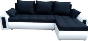 Relax-Ecksofa mit Schlaffunktion und Bettkasten schwarz-weißes savana 14 + weißes Ökoleder