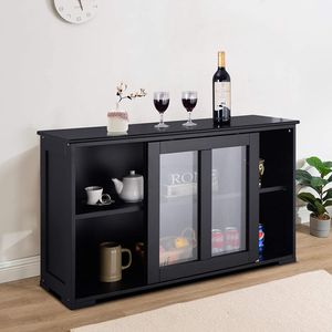 Küchenschrank mit Glastüren, Küchenregal Holz Wohnzimmerschrank, Küchenkommode mit Schiebtüren, Unterschrank Flurschrank (Schwarz)