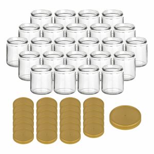 gouveo 24er Set Honiggläser 500g mit Kunststoff-Deckel goldfarben - Leere Vorratsgläser mit Schraubverschluss - Marmeladengläser zum Befüllen [A.v.]