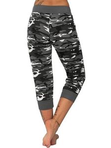 Damen Mid Waist Camouflage Yoga Capri Hosen Sport Leggings Hosen Kordelzug,Farbe: Grau,Größe:3XL