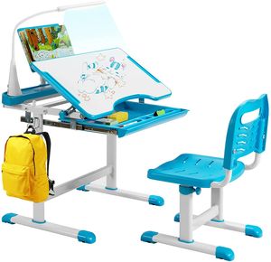 Dětský psací stůl COSTWAY s nastavitelnou výškou a židlí, LED světlo (modrý)