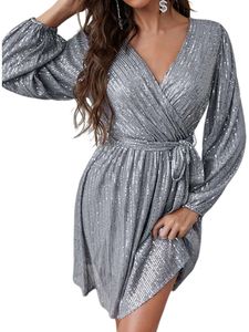 Damen Abendkleider Langarm Party Kleid Glänzend Kleider Minikleid Einfarbig Ballkleid Silber grau,Größe 2xl
