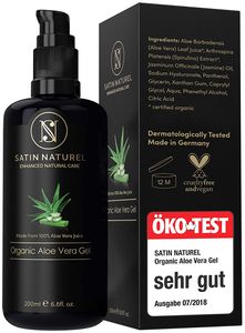 - SatinNaturel 97,5% Bio Aloe Vera Gel Vegan in 200 ml Glasflasche - Mit Hyaluronsäure, Bio Spirulina, Jasmin & Panthenol - After Sun - Halal - Naturkosmetik  Germany