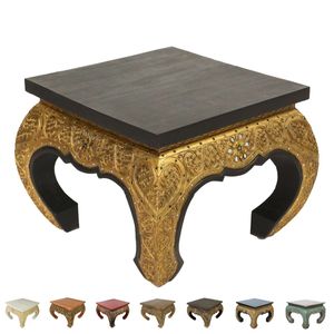 Opiumtisch Beistelltisch Couchtisch 50 x 50 cm Thailand Tisch Holz Antik mit Goldverzierung, Farbe:Schwarz