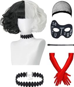 CRUELLA DE VIL Schwarz-Weiß-Cosplay-Perücke, mittellanges Kunsthaar + ZUBEHÖR