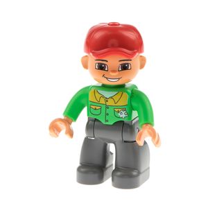1x Lego Duplo Figur Mann grau Mechaniker Hemd grün Helm lächeln 47394pb101