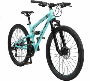 BIKESTAR Vollgefedert Aluminium Mountainbike 26 Zoll, 21 Gang Shimano Schaltung mit Scheibenbremse | 16 Zoll Rahmen Fully MTB Erwachsenen- und Jugendfahrrad | Türkis