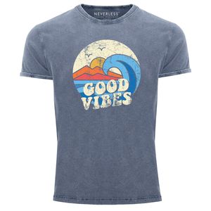 Herren T-Shirt Schrift Good Vibes Welle Hippie Slogan Statement Surf Design Vintage Retro Printshirt Neverless® blau M