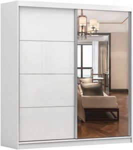 Kleiderschrank M35 mit Spiegel 183 cm, Schwebetürenschrank, Garderobeschrank Schlafzimmer; Wohnzimmerschrank; Korpus Schrank Farbe: Weiß; Farbe der Schrankfront: Weiß Hochglanz- 2 Schiebetüren