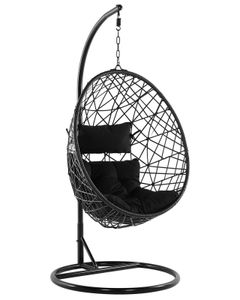 BELIANI Hängesessel mit Gestell Schwarz Polyrattan inkl. Kissen Hängestuhl Korb Schwebesessel Wohnzimmer Terrasse Balkon modern