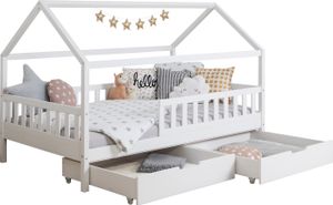 TiCAA Kinderbett Hausbett "Kay" 100x200 inkl. Schubkästen Kiefer weiß