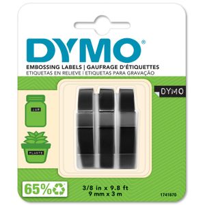 DYMO Original Prägeband  | 9 mm x 3 m | 3D weiß auf schwarz | selbstklebendes Kunststoff Etikettenband | für Junior & Omega Beschriftungsgerät | 3 Rollen Prägebänder
