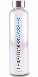 Steuber Glasflasche mit Schriftzug LEI(S)TUNGSWASSER, 700 ml, Borosilikatglas/Edelstahlverschluss, temperatur-resistent, spülmaschinengeeignet
