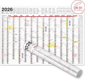 Wandkalender 2026 groß mit Feiertagen und Ferien DE, AT | Jahresplaner 2026 Wandkalender 100x70 cm | XXL Wandkalender 2026 gerollt
