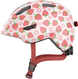 ABUS Kinderhelm Smiley 3.0 LED - Fahrradhelm mit Licht - tiefe Passform & Platz für einen Zopf - für Mädchen und Jungs - Rosa mit Erdbeer-Muster, Größe S
