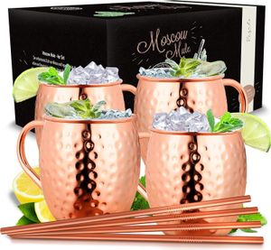 Vezato Moscow-Mule-Becher [500ml] – Gehämmerte Kupferbecher mit Strohhalmen – Handgemachtes Moscow-Mule-Set [4 Stück] – Rostfreie Kupfer Becher für Moscow Mule
