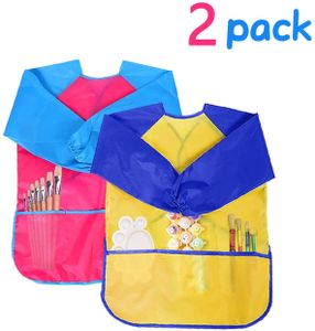 2 Stück Malschürze Kinder,Malkittel Bastelschürze 2-7 Jahre,Wasserdichte Kinder Schürze für Malerei mit Langarm Drei Taschen (Gelb & Rosa)