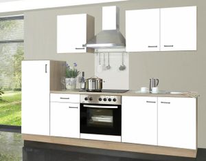 Küchenblock Biggi 270 cm in weiß matt mit Glaskeramik Kochfeld, Herd, Kühlschrank, Dunsthaube und Spüle