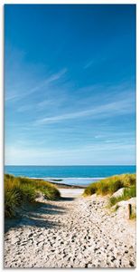 Ivonnewierink: Strand mit Sanddünen und einem Weg zur See - Glasbild, Größe:60x30 cm / Glasbild