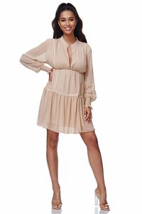 Rayshyne Damen Sommer Minikleid V-Ausschnitt Freizeit Strand Rüschen Sommerkleid Beige Einheitsgröße Gr. 34 - 38 RS17