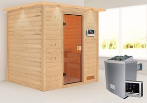 Woodfeeling Sauna Adelina (Fronteinstieg), Ganzglastür, bronziert, Ofen 9 kW externe Steuerung easy