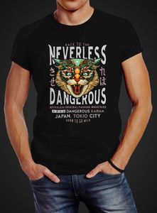 Neverless® Herren T-Shirt Design Print Katzenkopf Dangerous Cat Motiv Japan Tokio City Schriftzug Fashion Streetstyle schwarz XXL
