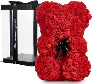 BRUBAKER Rosenbär Blumenbär mit Schleife 25 cm - Blumen Geschenk zum Valentinstag Jahrestag Geburtstag Hochzeit - Geschenkbox inklusive - Rot