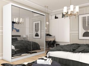 Moderner Kleiderschrank Schwebetürenschrank Weiß mit Spiegel 120 150 180 200 cm - Weiß Matt Kleiderschrank für Schlafzimmer mit Schiebetüren - Kleiderstange - 200 cm - Weiß