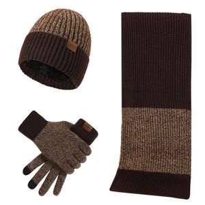 sada 3 kusů zimních čepic, šál a rukavic, dvoubarevný horizontální design / hnědá barva