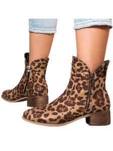 Damen Stiefeletten Chunky Heeled Bootie Side Reißverschluss Stiefel Casual Round Toe Short Stiefel,Farbe:Braunendruck,Größe:37