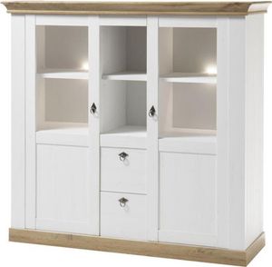 Landhaus Vitrinen-Highboard LINARES-61 Pinie weiß / Wotan Eiche Nb. inkl. LED, B/H/T ca.: 148/139/44 cm