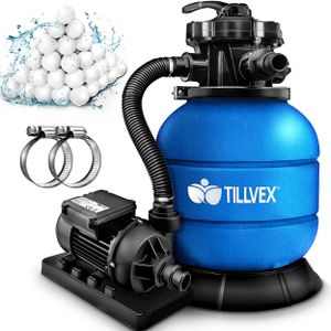 tillvex® Sandfilteranlage Pool 7.900L/h inkl. 400g Filterbälle blau | Filteranlage 7-Wege Ventil & 2in1 Adapter Ø32mm - 38mm | Poolfilter mit Druckanzeige | Sandfilter für Schwimmbecken