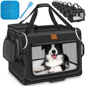 TRESKO® Hundebox faltbar Schwarz (XXL 92x63x63cm) inkl. Leckmatte, Spatel & Reflektoren | Transportbox für Hunde und Katzen | Hundetransportbox für kleine & große Hunde | Hundetasche robust